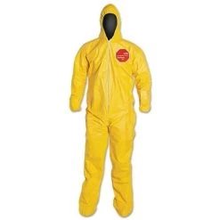 Tychem 2000 Coverall, Serged Seams, Attached Hood And Socks, Elastic Wrists, Zipper Front, Storm Flap, Yellow, 3X-Large (12 CA) - DuPont QC122S-3XL