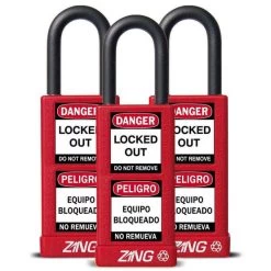 Zing 7086 Safety Padlock, Keyed Alike,1-1/2" Shackle, 3" Long Body, Red, 3 Pack