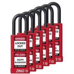 Zing 7087 Safety Padlock, Keyed Alike,1-1/2" Shackle, 3" Long Body, Red, 6 Pack