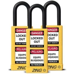 Zing 7092 Safety Padlock, Keyed Alike,1-1/2" Shackle, 3" Long Body, Yellow, 3 Pack