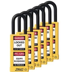 Zing 7093 Safety Padlock, Keyed Alike,1-1/2" Shackle, 3" Long Body, Yellow, 6 Pack